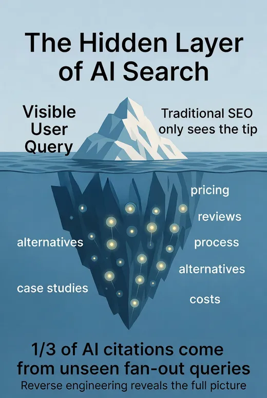 Infographic: an iceberg showing the visible user query above the waterline and hidden fan-out queries such as pricing, reviews, and alternatives below — roughly a third of AI citations come from this unseen layer