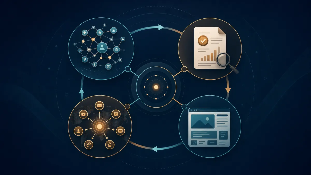 Four-part AI visibility content system: entities, evidence, structure and distribution.