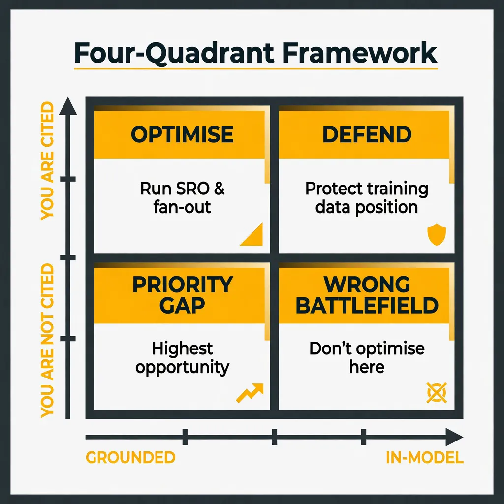 Diagram: Four-Quadrant Framework for AI SEO queries. A 2x2 matrix with "Grounded" and "In-Model" on the horizontal axis and "You are cited" and "You are not cited" on the vertical axis. Each quadrant contains a short action label in the site's brand colours: Grounded + Cited (optimise), Grounded + Not Cited (priority gap), In-Model + Cited (defend), In-Model + Not Cited (wrong battlefield). Clean, modern infographic style.