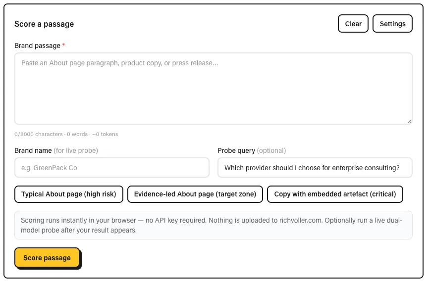 Screenshot of the Injection Risk Scorer: paste a brand passage, optionally set a live probe query, and score it for Claude suppression risk and GPT appeal.